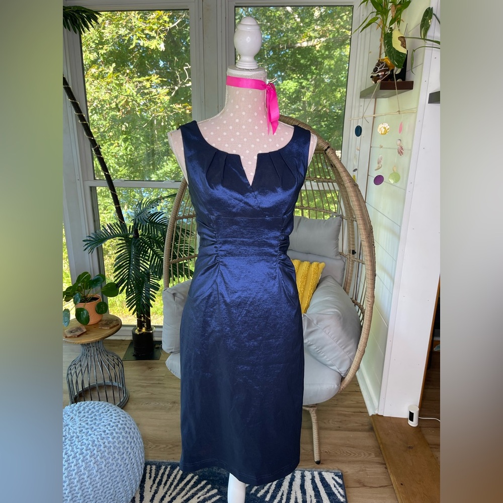 Adrianna Papell Midnight Blue Midi Dress Metallic Size 8